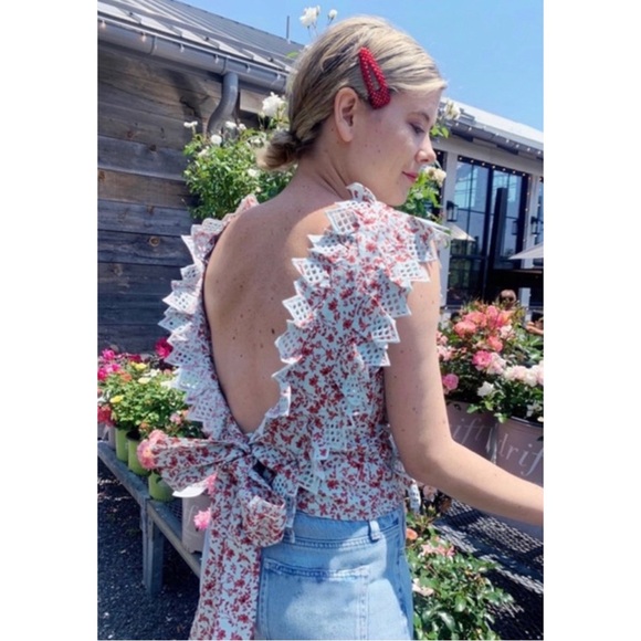Anthropologie Trina Bow Blouse Light Blue and Red Floral Motif NWT Sz XL - Picture 5 of 11